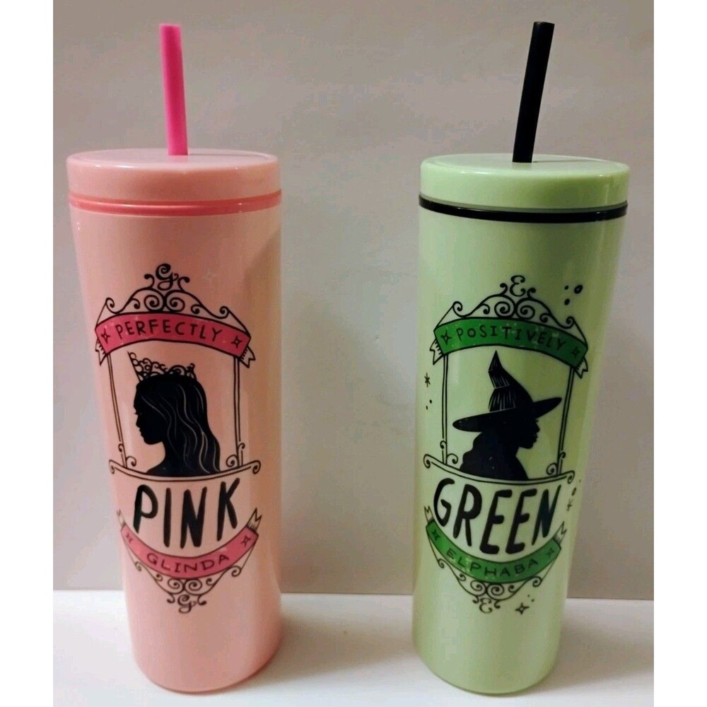 Pair of Wicked Movie Tumblers Target Zak Glinda Pink Elphaba Green Cups 23oz